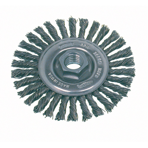 Brosse rotative &agrave; fils nou&eacute;s pour petites meuleuses haute vitesse, pour passe de fond, Dia. 4", Fils 0,02", Arbre 5/8"-11, Acier Solutions industrielles ALPHA