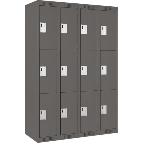 Clean Line Lockers, 3 -tier, Bank of 4, 48" x 18" x 72", Steel, Charcoal, Rivet (Assembled) Solutions industrielles ALPHA