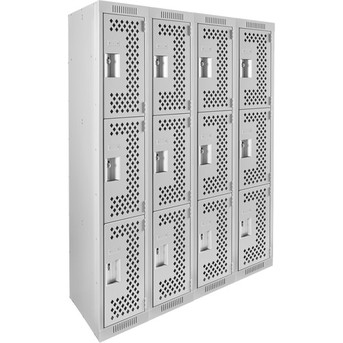 Clean Line Lockers, 3 -tier, Bank of 4, 48" x 12" x 72", Steel, Grey, Rivet (Assembled), Perforated Solutions industrielles ALPHA