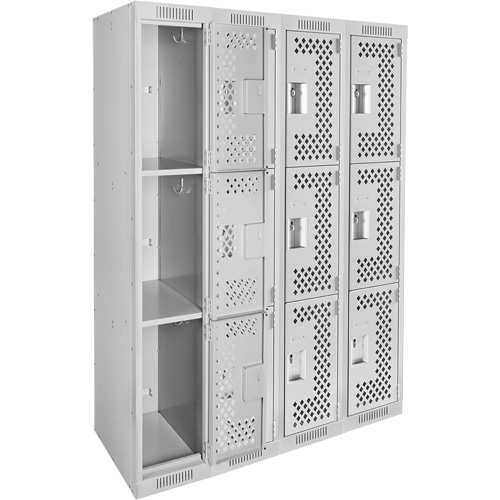 Clean Line Lockers, 3 -tier, Bank of 4, 48" x 12" x 72", Steel, Grey, Rivet (Assembled), Perforated Solutions industrielles ALPHA
