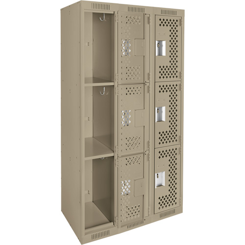 Clean Line Lockers, 3 -tier, Bank of 3, 36" x 12" x 72", Steel, Beige, Rivet (Assembled), Perforated Solutions industrielles ALPHA
