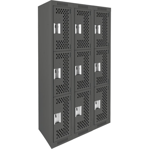 Clean Line Lockers, 3 -tier, Bank of 3, 36" x 12" x 72", Steel, Charcoal, Rivet (Assembled), Perforated Solutions industrielles ALPHA