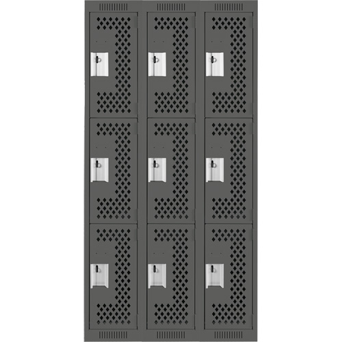 Clean Line Lockers, 3 -tier, Bank of 3, 36" x 12" x 72", Steel, Charcoal, Rivet (Assembled), Perforated Solutions industrielles ALPHA