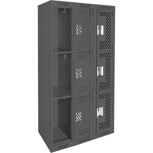 Clean Line Lockers, 3 -tier, Bank of 3, 36" x 12" x 72", Steel, Charcoal, Rivet (Assembled), Perforated Solutions industrielles ALPHA