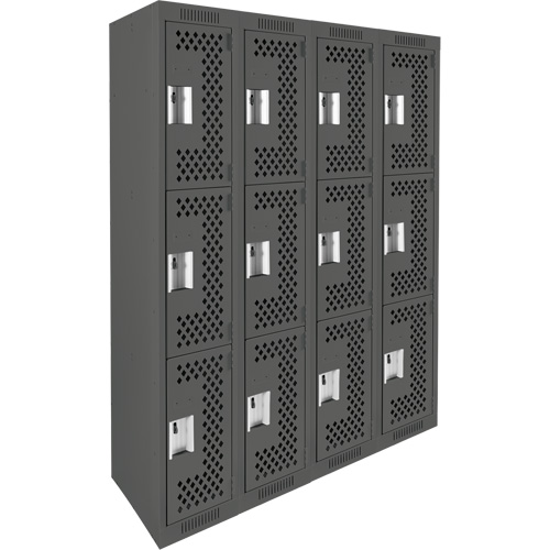 Clean Line Lockers, 3 -tier, Bank of 4, 48" x 12" x 72", Steel, Charcoal, Rivet (Assembled), Perforated Solutions industrielles ALPHA