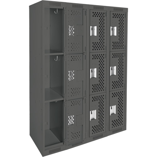 Clean Line Lockers, 3 -tier, Bank of 4, 48" x 12" x 72", Steel, Charcoal, Rivet (Assembled), Perforated Solutions industrielles ALPHA