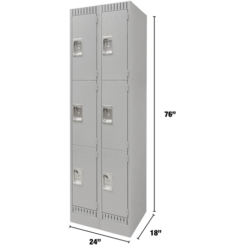 Lockers, 3 -tier, Bank of 2, 24" x 18" x 76", Steel, Grey, Knocked Down Solutions industrielles ALPHA