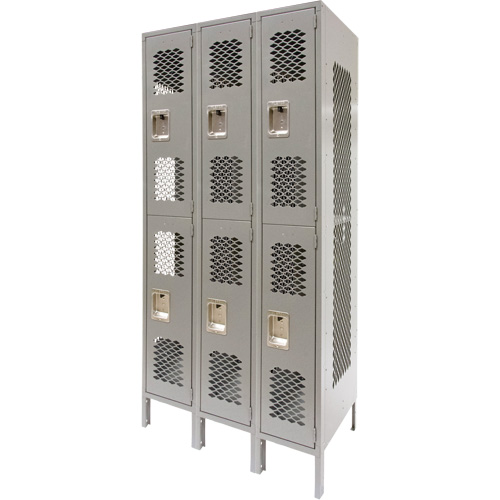 Casiers ventil&eacute;s, 2 niveaux, Bloc de 3, 36" x 18" x 78", Acier, Gris, D&eacute;mont&eacute;, Perfor&eacute; Solutions industrielles ALPHA