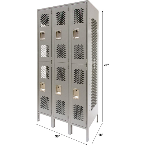 Casiers ventil&eacute;s, 2 niveaux, Bloc de 3, 36" x 18" x 78", Acier, Gris, D&eacute;mont&eacute;, Perfor&eacute; Solutions industrielles ALPHA