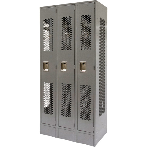 Vented Lockers, Bank of 3, 36" x 18" x 78", Steel, Grey, Knocked Down, Perforated Solutions industrielles ALPHA