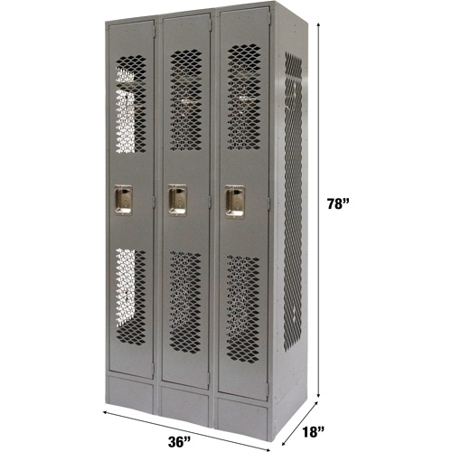 Vented Lockers, Bank of 3, 36" x 18" x 78", Steel, Grey, Knocked Down, Perforated Solutions industrielles ALPHA