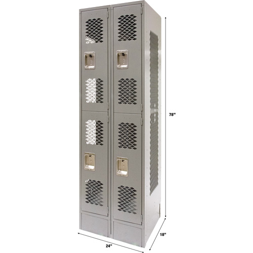 Vented Lockers, 2 -tier, Bank of 2, 24" x 18" x 78", Steel, Grey, Knocked Down, Perforated Solutions industrielles ALPHA
