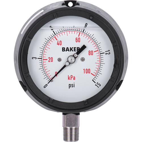 Pressure Gauge, 4-1/2" , 0 - 15 psi/0 - 100 kPa, Bottom Mount, Liquid Filled Analogue Solutions industrielles ALPHA