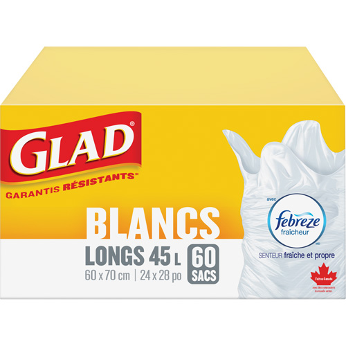 Sacs &agrave; ordures hauts 45 L avec Febreze, R&eacute;gulier, 24" la x 28" lo, Blanc Solutions industrielles ALPHA