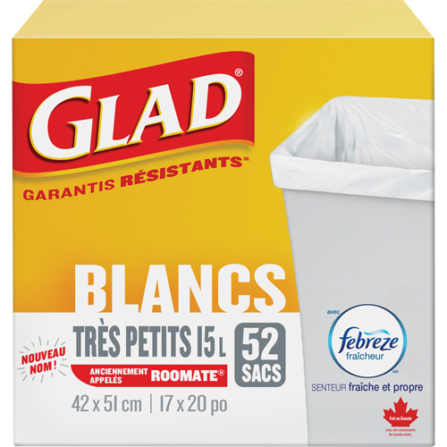 Tr&egrave;s petits sacs &agrave; ordures 15 L avec Febreze, R&eacute;gulier, 17" la x 20" lo, Blanc Solutions industrielles ALPHA