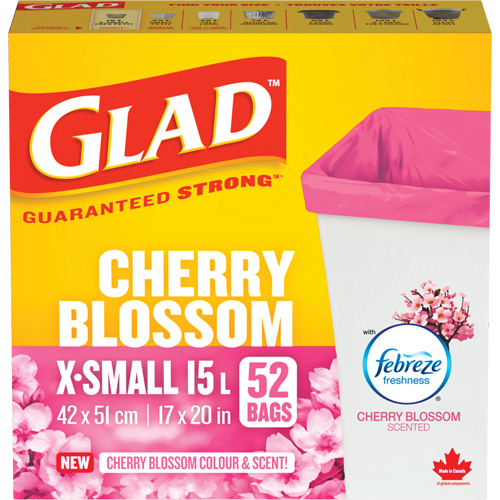 Sacs parfum&eacute;s et de couleur fleur de cerisier de Glad, Fort, 17" la x 20" lo, Rose, Capacit&eacute; 15 L (3,96 gal) Solutions industrielles ALPHA