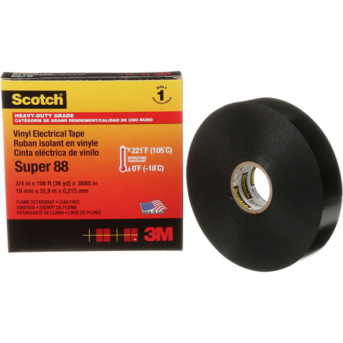 Ruban isolant Super 88 de calibre professionnel Scotch, 19 mm (3/4") la x 32,9 m (108') lo, 8,5 mils, Noir Solutions industrielles ALPHA