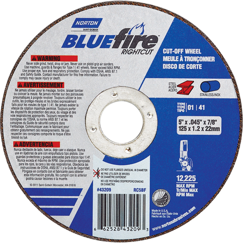 Meule a tronconner BlueFire, 4-1/2" x 0,045"/1/16", Arbre de 7/8", Type 01/41, Oxyde d'aluminium/Zirconium, 13580 Tr/min Solutions industrielles ALPHA