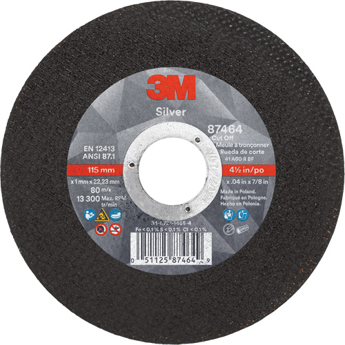 Silver Cut-Off Wheel, 4-1/2" x 0.04", 7/8" Arbor, Type 1, Ceramic, 13300 RPM Solutions industrielles ALPHA
