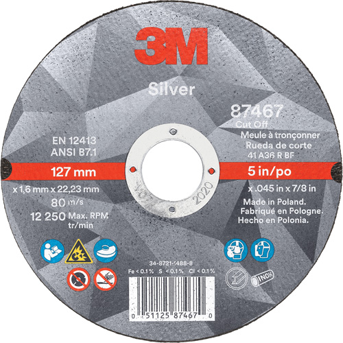 Silver Cut-Off Wheel, 5" x 0.045", 7/8" Arbor, Type 1, Ceramic, 12250 RPM Solutions industrielles ALPHA