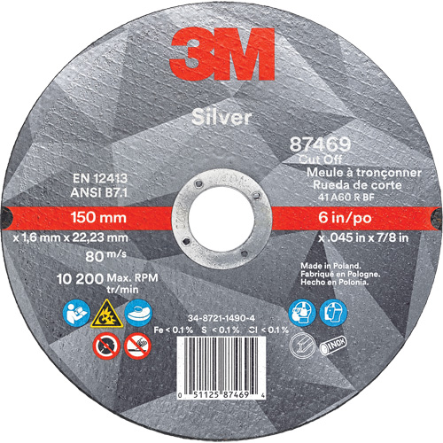 Silver Cut-Off Wheel, 6" x 0.045", 7/8" Arbor, Type 1, Ceramic, 10200 RPM Solutions industrielles ALPHA