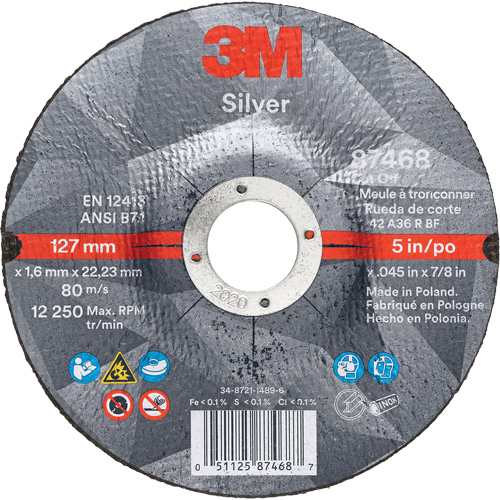 Silver Cut-Off Wheel, 5" x 0.045", 7/8" Arbor, Type 27, Ceramic, 12250 RPM Solutions industrielles ALPHA