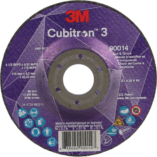 Meule &agrave; couper & tronçonner Cubitron 3, 4-1/2" x 5/32", Arbre de 7/8", Type T27, Grain de 36+, C&eacute;ramique Solutions industrielles ALPHA