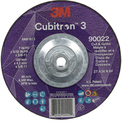 Meule &agrave; rectifier et &agrave; tronçonner Cubitron 3, 7" x 5/32", Arbre de 5/8"-11, Type 27, Grain de 36, C&eacute;ramique Solutions industrielles ALPHA