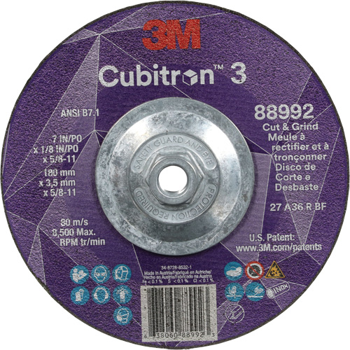 Meule &agrave; rectifier et &agrave; tronçonner Cubitron 3, 7" x 1/8", Arbre de 5/8"-11, Type 27, Grain de 36, C&eacute;ramique Solutions industrielles ALPHA