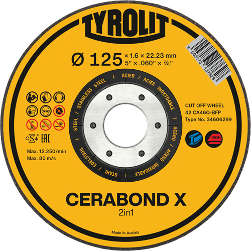CERABOND X Cut-Off Wheel for Steel & Stainless Steel, 5" x 0.45", 7/8" Arbor, Type 1, Ceramic, 12250 RPM Solutions industrielles ALPHA