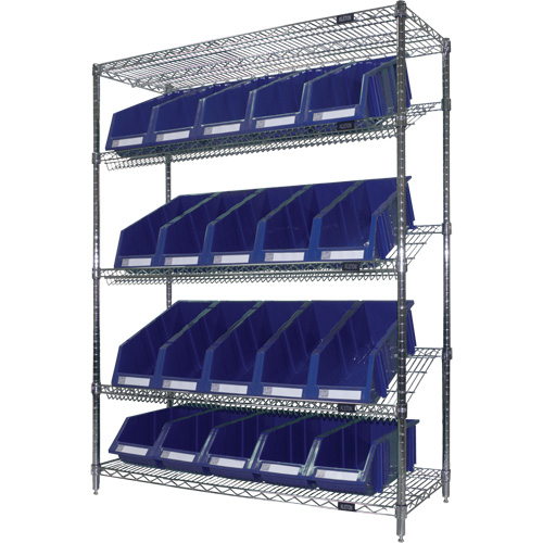 &eacute;tag&egrave;re en treillis m&eacute;tallique &agrave; tablettes inclin&eacute;es avec bacs, Tiers 5, 48" la x 63" h x 18" p Solutions industrielles ALPHA