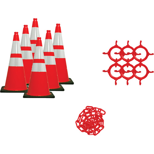 Ensemble de c&ocirc;nes de signalisation et chaînes, 36", Orange, Bande(s) r&eacute;fl&eacute;chissante(s) 4" & 6" Solutions industrielles ALPHA