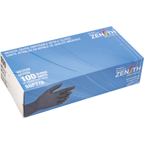 Gants jetables de calibre m&eacute;dical r&eacute;sistants &agrave; la perforation, Moyen, Nitrile, 5 mils, Sans poudre, Noir, Classe 2 Solutions industrielles ALPHA