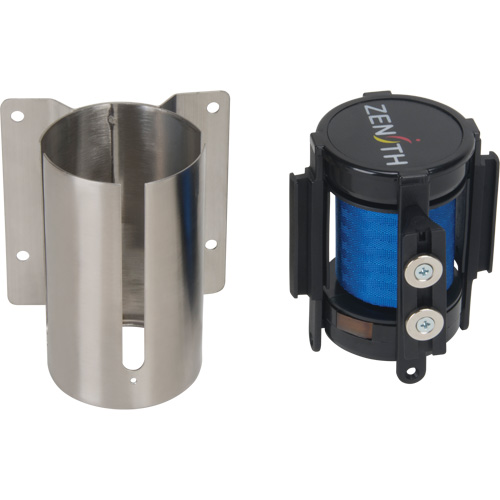 Barri&egrave;re &agrave; fixation murale avec ruban magn&eacute;tique, Acier, Fixation par vis, 7', Ruban Bleu Solutions industrielles ALPHA