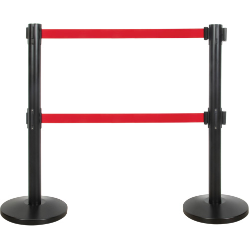 Barri&egrave;re pour le contr&ocirc;le des foules &agrave; courroie double, Acier, 35" h, Ruban Rouge, Longueur du ruban 7' Solutions industrielles ALPHA
