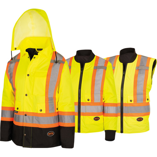 5021BBW Manteau 7 en 1 imperm&eacute;able pour femmes avec capuchon, Polyester/Polyur&eacute;thane, Jaune lime haute visibilit&eacute;, T-petit Solutions industrielles ALPHA