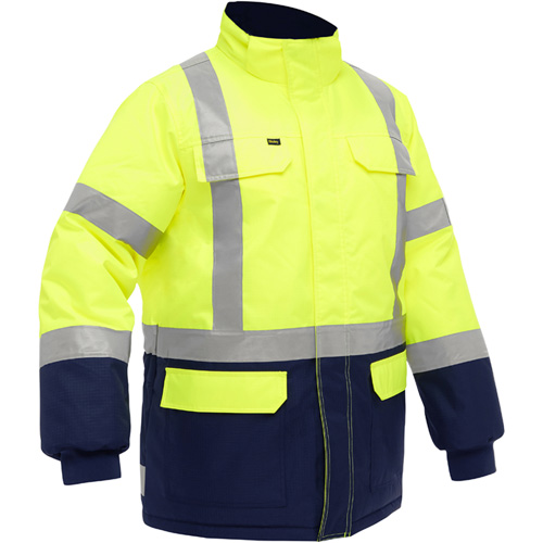 Manteau pour le froid extr&ecirc;me avec bas bleu marin et X au dos Bisley, Polyester, Jaune lime haute visibilit&eacute;, Moyen Solutions industrielles ALPHA