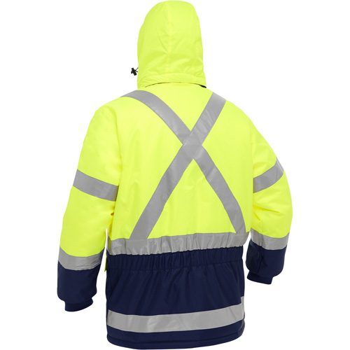 Manteau pour le froid extr&ecirc;me avec bas bleu marin et X au dos Bisley, Polyester, Jaune lime haute visibilit&eacute;, Moyen Solutions industrielles ALPHA