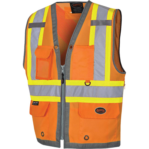 Pioneer Mesh Back Zip Front Surveyor Safety Vest, High Visibility Orange, Small, Polyester Solutions industrielles ALPHA