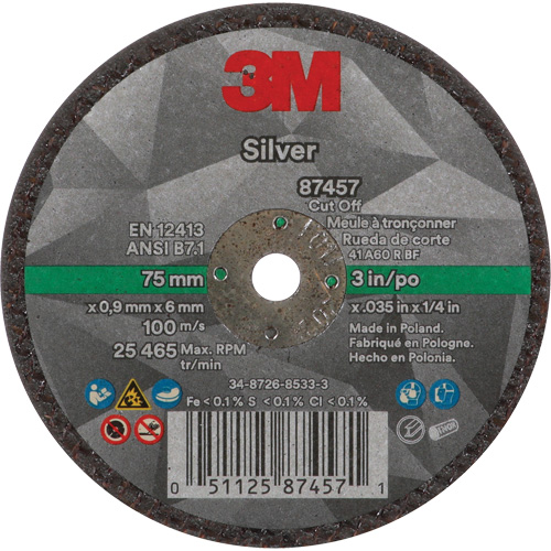 Silver Cut-Off Wheel, 3" x 0.04", 1/4"-28 Arbor, Type 1, Ceramic, 25645 RPM Solutions industrielles ALPHA