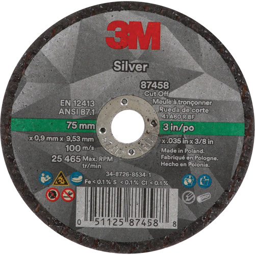 Silver Cut-Off Wheel, 3" x 0.04", 3/8"-24 Arbor, Type 1, Ceramic, 25645 RPM Solutions industrielles ALPHA