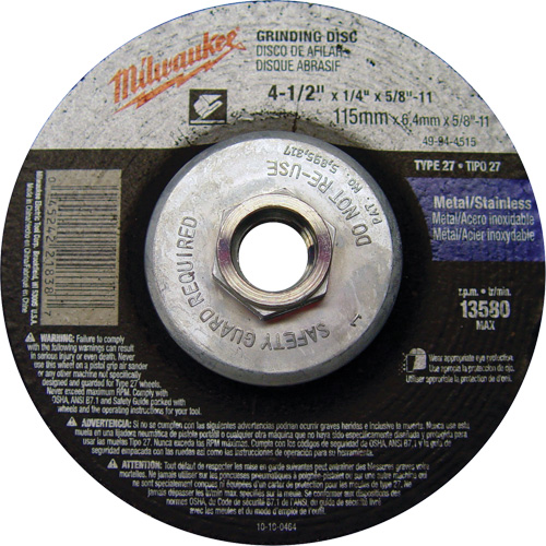 Grinding Wheel, 4-1/2" x 1/4", 5/8"-11 Arbor, Aluminum Oxide, Type 27 Solutions industrielles ALPHA