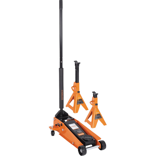 Cric datelier 4 tonnes avec paires de chandelles pour v&eacute;hicule de 3 tonnes, 3,5 tonne(s) Capacit&eacute;, 5-1/8" Abaiss&eacute;e, 21" &eacute;lev&eacute;e, Hydraulique &agrave; main Solutions industrielles ALPHA