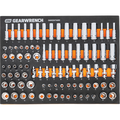 Jeu d'outils m&eacute;triques pour m&eacute;canicien MEGAMOD dans des plateaux en mousse modulaire avec armoire roulante &agrave; outils, 358 morcea Solutions industrielles ALPHA