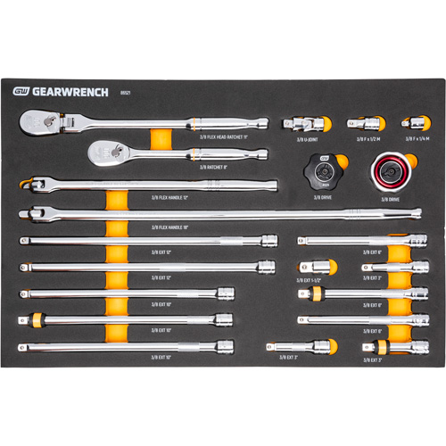 Ensemble d'outils &agrave; cliquet et d'entraînement 3/8" &agrave; 90 dents avec plateau de rangement en mousse Solutions industrielles ALPHA
