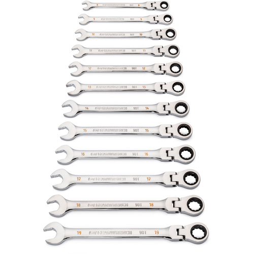 Jeu de cl&eacute;s &agrave; 12 pans et 90 dents, T&ecirc;te articul&eacute;e/Combinaison &agrave; cliquet, 12 morceaux, M&eacute;trique Solutions industrielles ALPHA