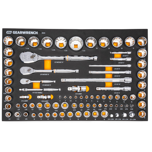 Jeu d'outils SAE/m&eacute;triques pour m&eacute;canicien &agrave; 90 dents 1/4", 3/8" & 1/2" avec plateau de rangement en mousse Solutions industrielles ALPHA