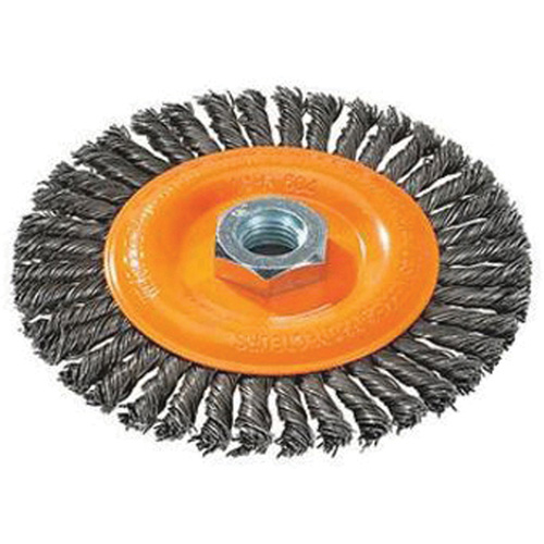 Brosse &agrave; fils nou&eacute;s pour cordons de soudure, Dia. 4", Fils 0,02", Arbre 5/8"-11, Acier Solutions industrielles ALPHA