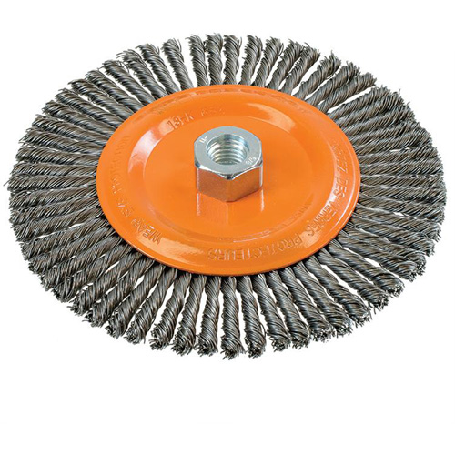 Brosse &agrave; fils nou&eacute;s pour cordons de soudure, Dia. 6-7/8'', Fils 0,02", Arbre 5/8"-11, Acier Solutions industrielles ALPHA