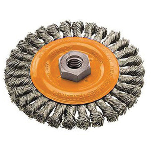 Wide Knotted Wire Wheel Brush, 4" Dia., 0.02" Fill, 5/8"-11 Arbor, Steel Solutions industrielles ALPHA